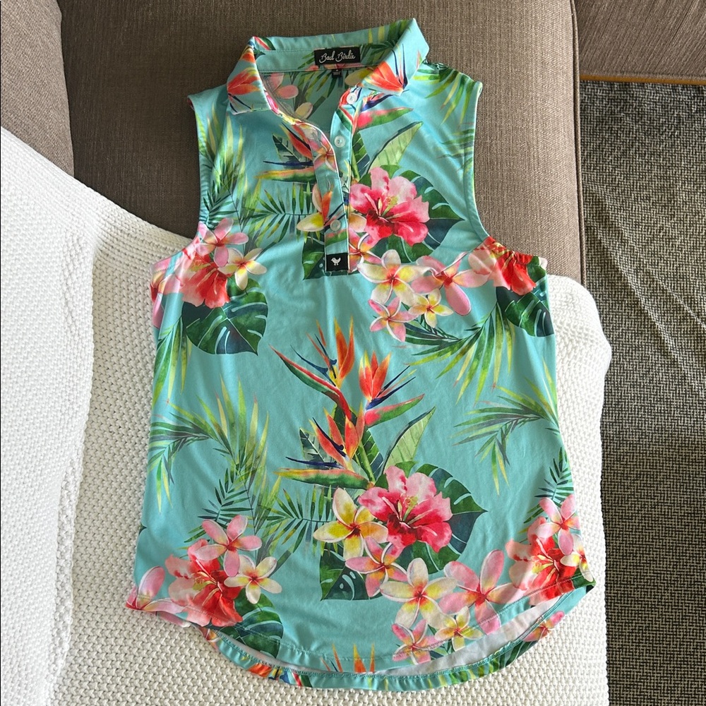 Bad Birdie Aqua Tropical Floral Sleeveless Polo Tank Womens Small